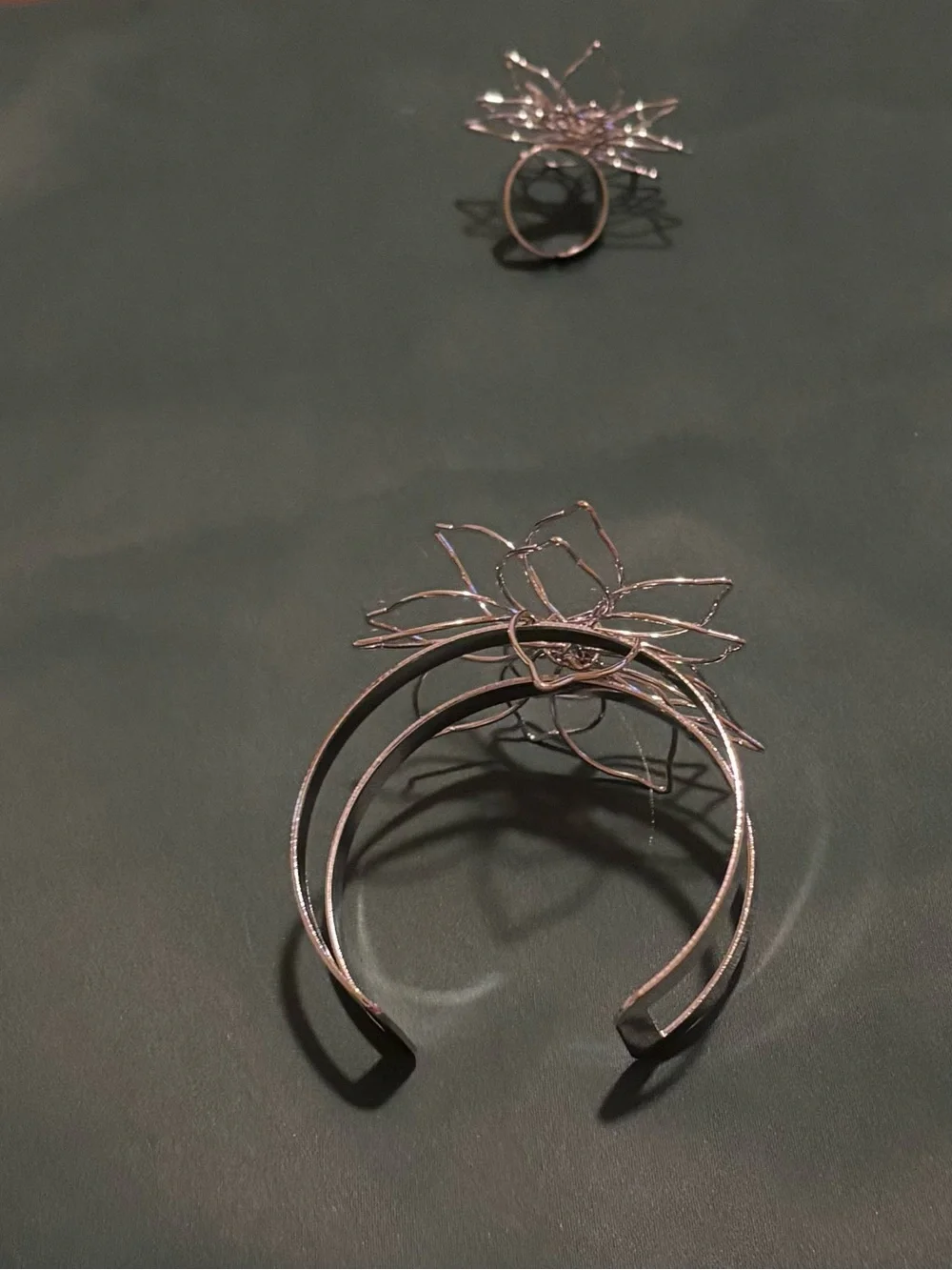 Sterling Silver, Black, and Gold Floral Wire Open Cuff Bracelets  -with ring set